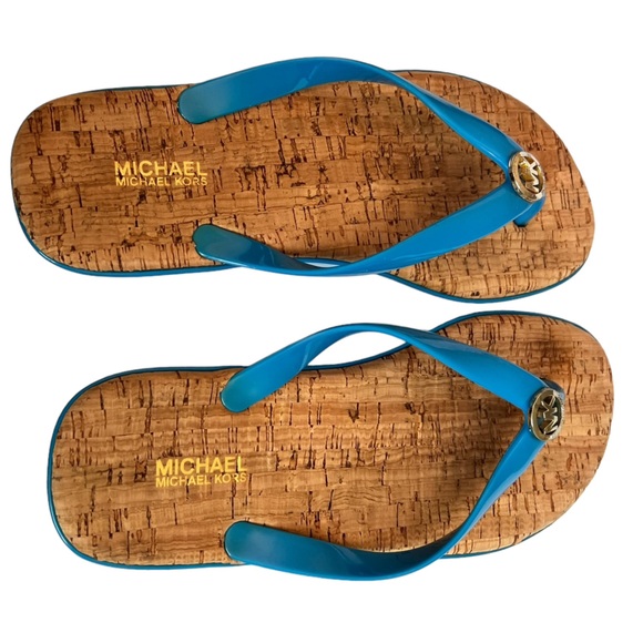 MK Michael Kors Jet Set Jelly Flip Flop Sandals Blue Straps PVC/Cork Size 8M - Picture 7 of 11